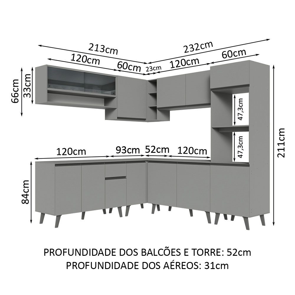 Armário de Cozinha Completa de Canto 445cm Cinza Nice Madesa 01