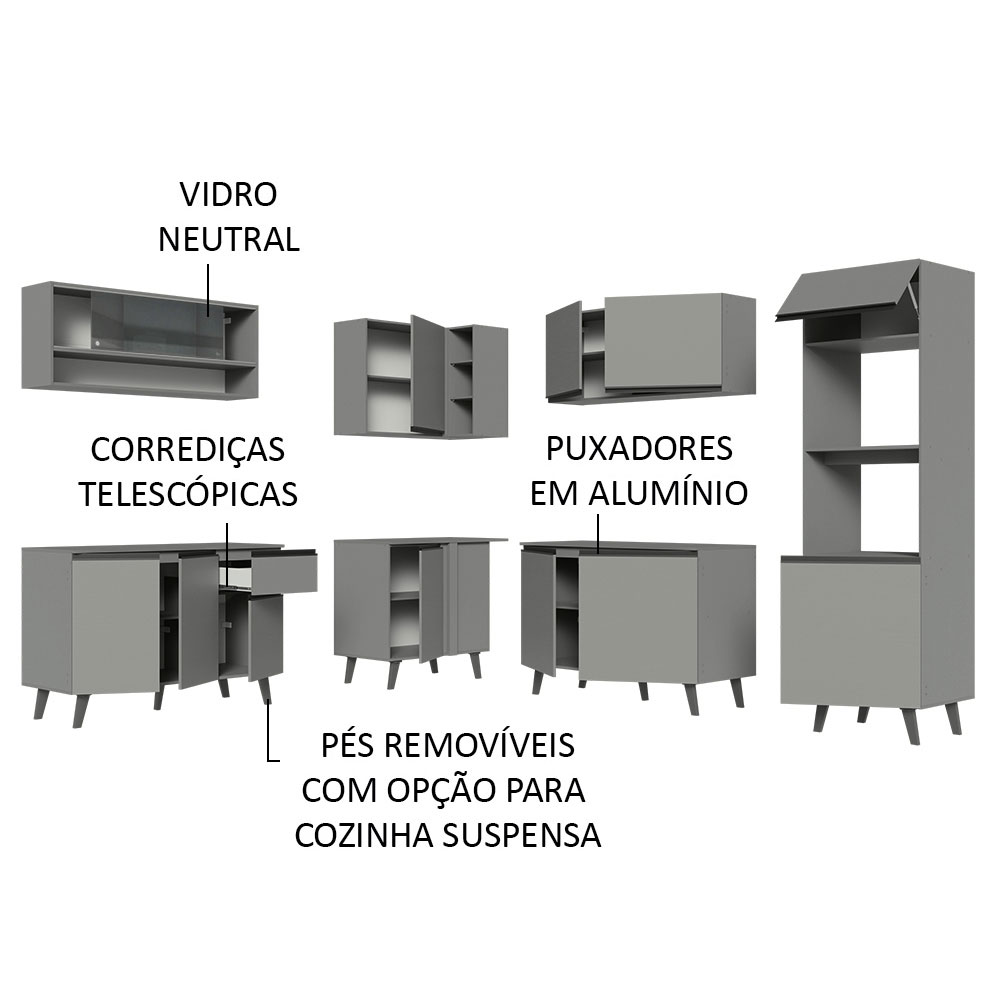 Armário de Cozinha Completa de Canto 445cm Cinza Nice Madesa 01