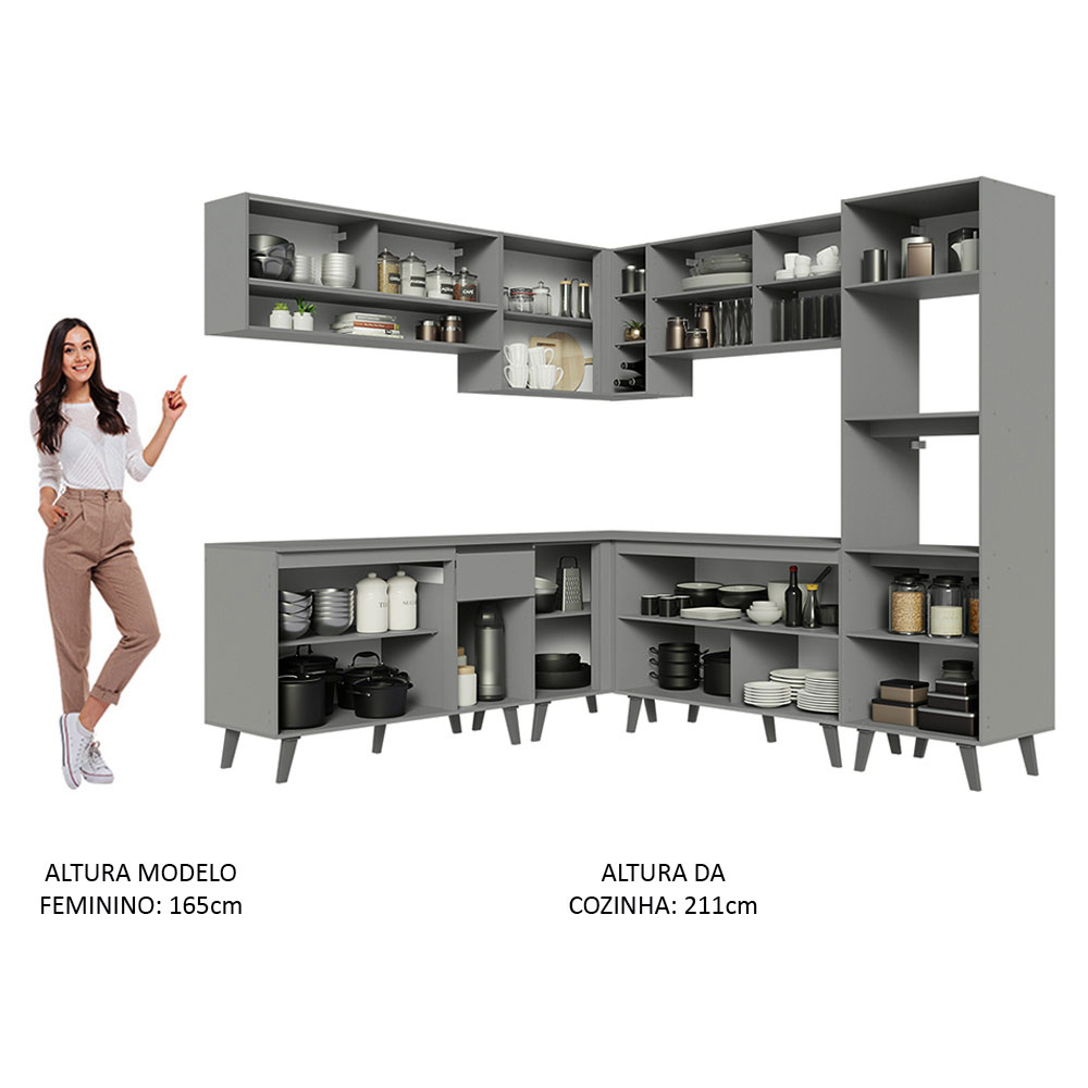 Armário de Cozinha Completa de Canto 445cm Cinza Nice Madesa 01