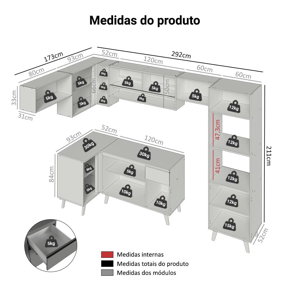 Armário de Cozinha Completa de Canto 465cm Cinza Nice Madesa 09