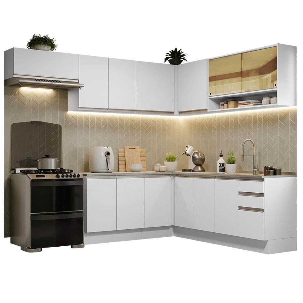 Armário de Cozinha Completa de Canto 469cm Branco Glamy Madesa 01