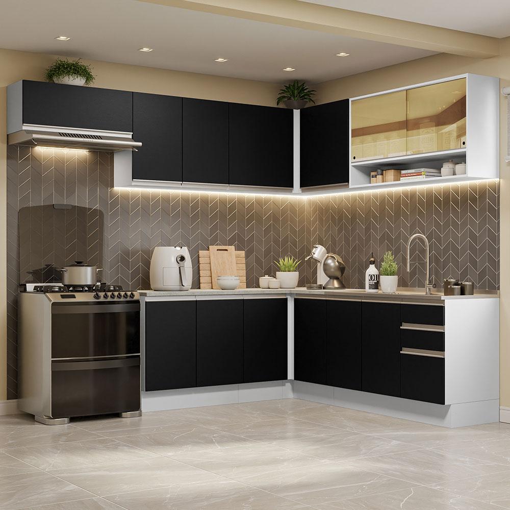Armário de Cozinha Completa de Canto 469cm Branco/Preto Glamy Madesa 01