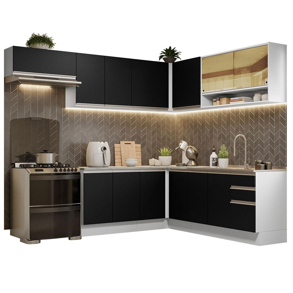 Armário de Cozinha Completa de Canto 469cm Branco/Preto Glamy Madesa 01
