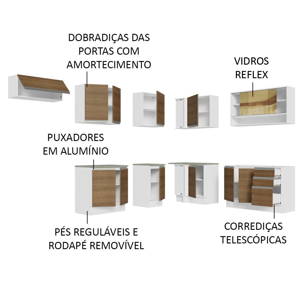 Armário de Cozinha Completa de Canto 469cm Branco/Rustic Glamy Madesa 01