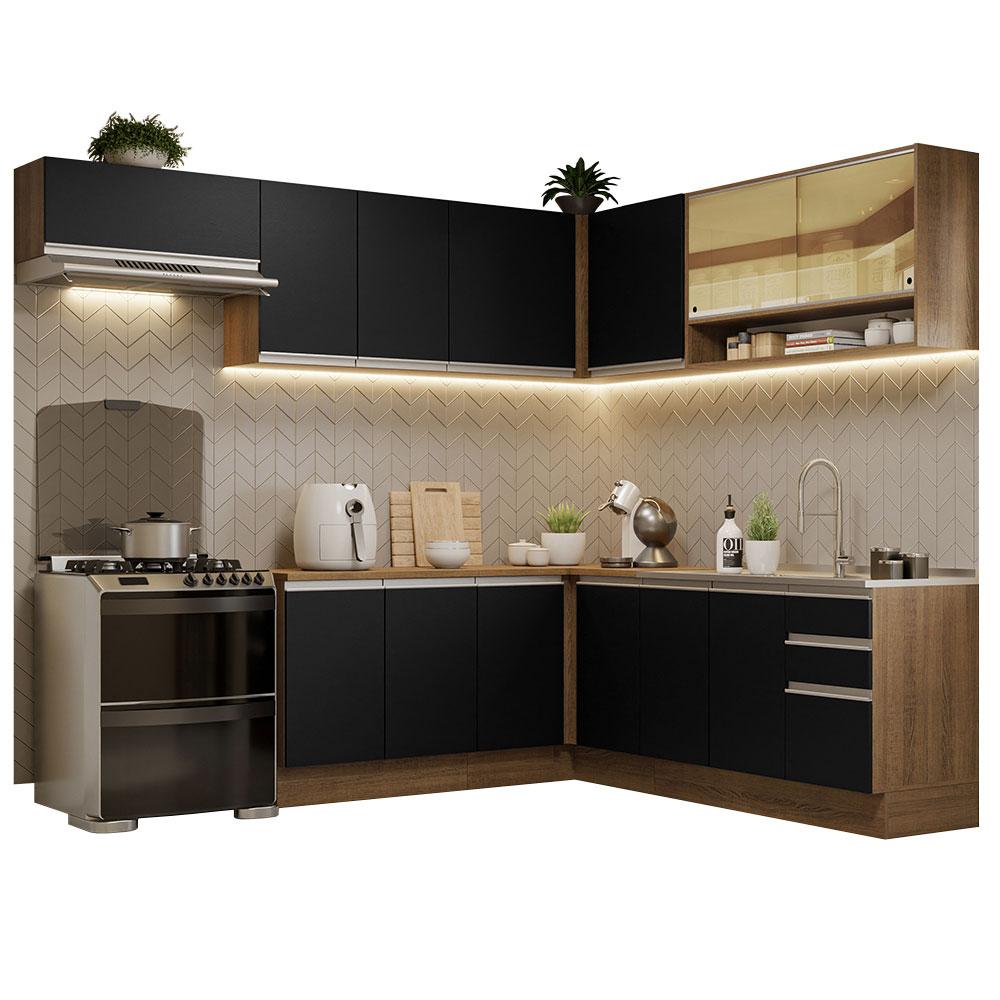 Armário de Cozinha Completa de Canto 469cm Rustic/Preto Glamy Madesa 01