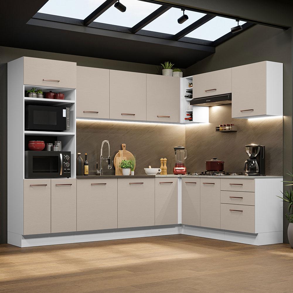 Armário de Cozinha Completa de Canto 479cm Branco/Crema Agata Madesa 01