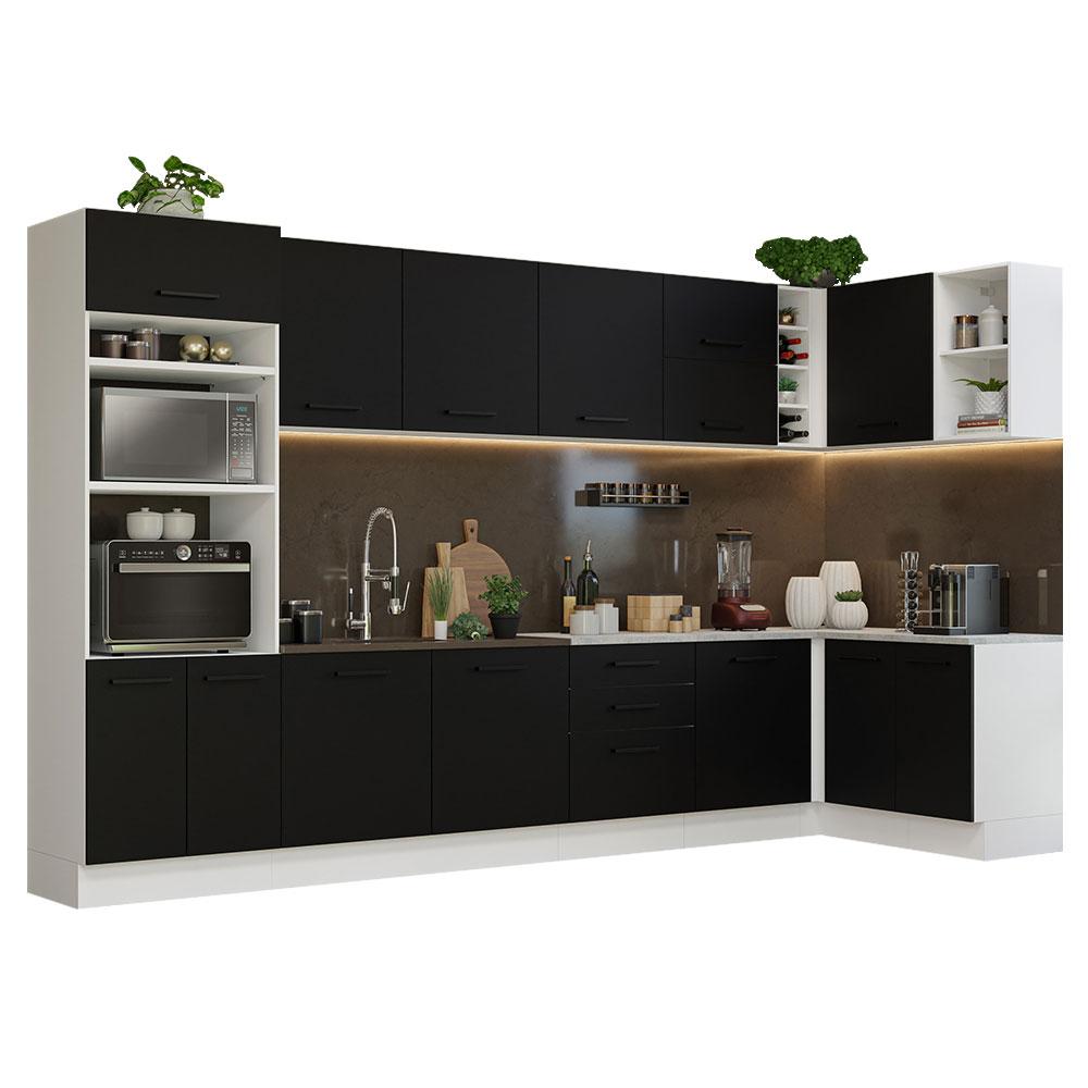 Armário de Cozinha Completa de Canto 499cm Branco/Preto Agata Madesa 01