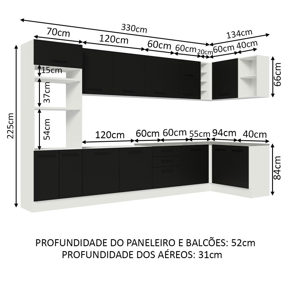 Armário de Cozinha Completa de Canto 499cm Branco/Preto Agata Madesa 01