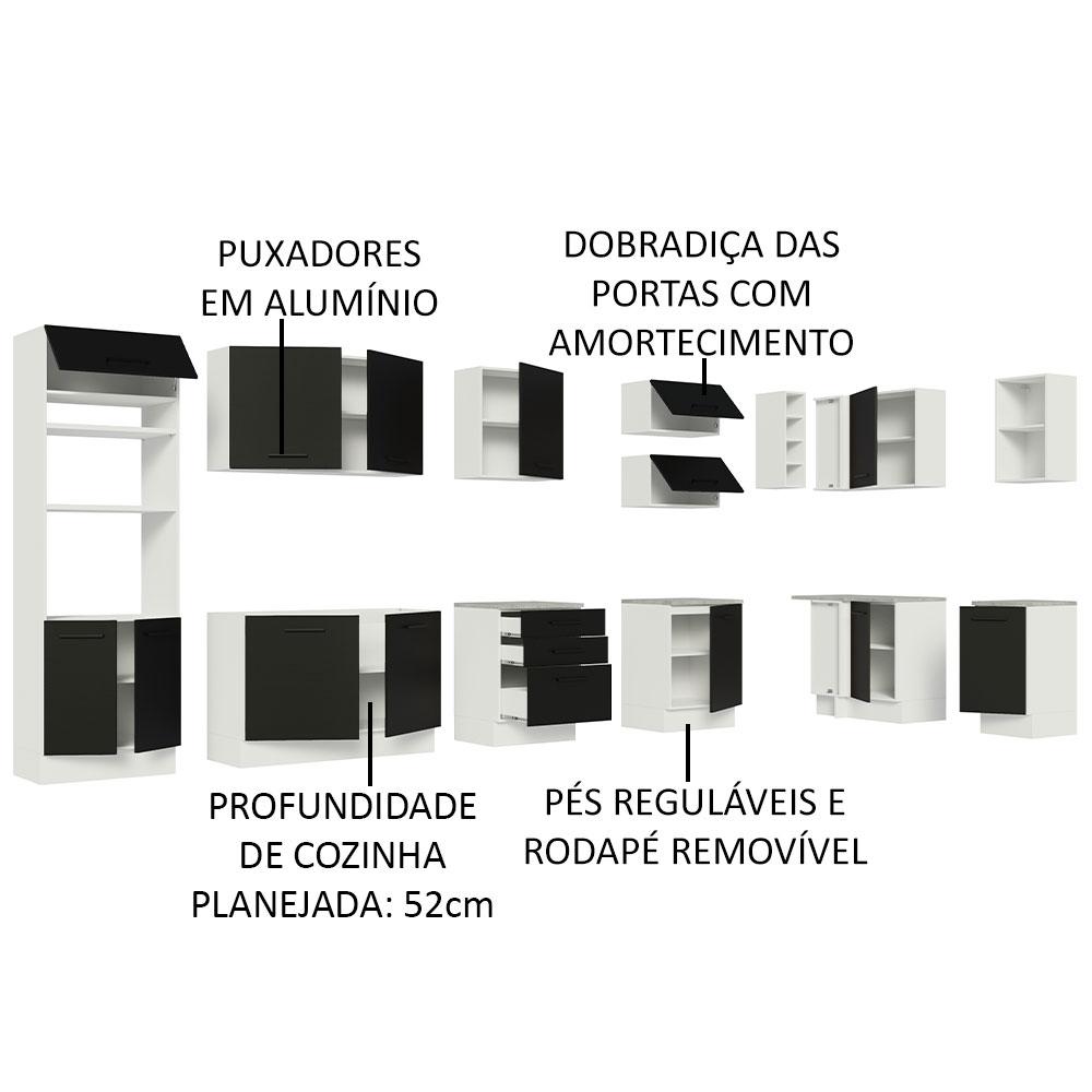 Armário de Cozinha Completa de Canto 499cm Branco/Preto Agata Madesa 01