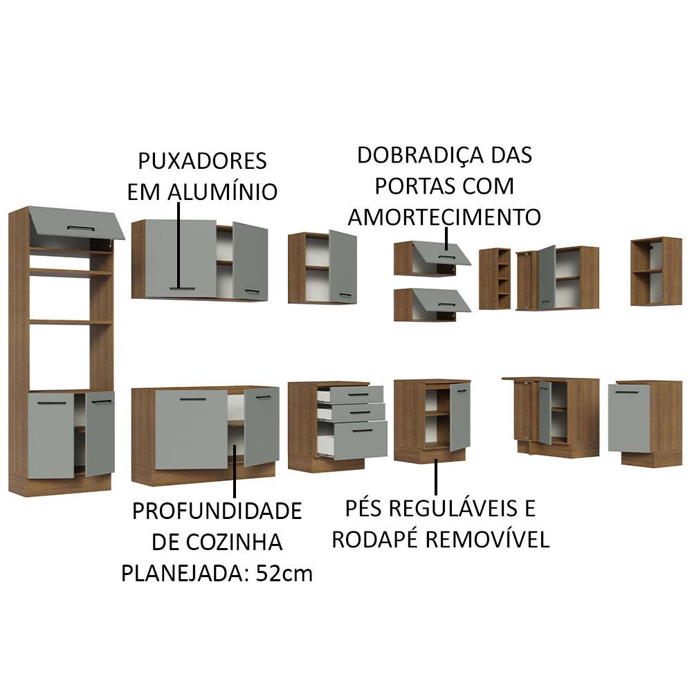 Armário de Cozinha Completa de Canto 499cm Rustic/Cinza Agata Madesa 01