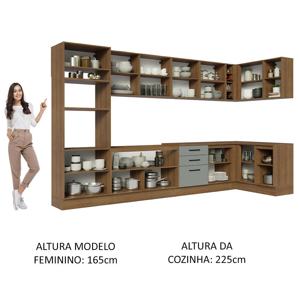 Armário de Cozinha Completa de Canto 499cm Rustic/Cinza Agata Madesa 01