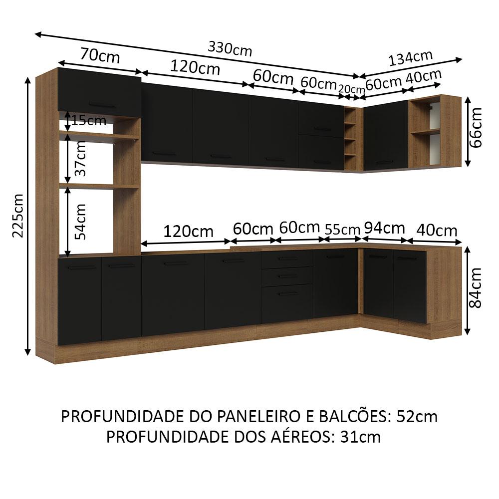 Armário de Cozinha Completa de Canto 499cm Rustic/Preto Agata Madesa 01
