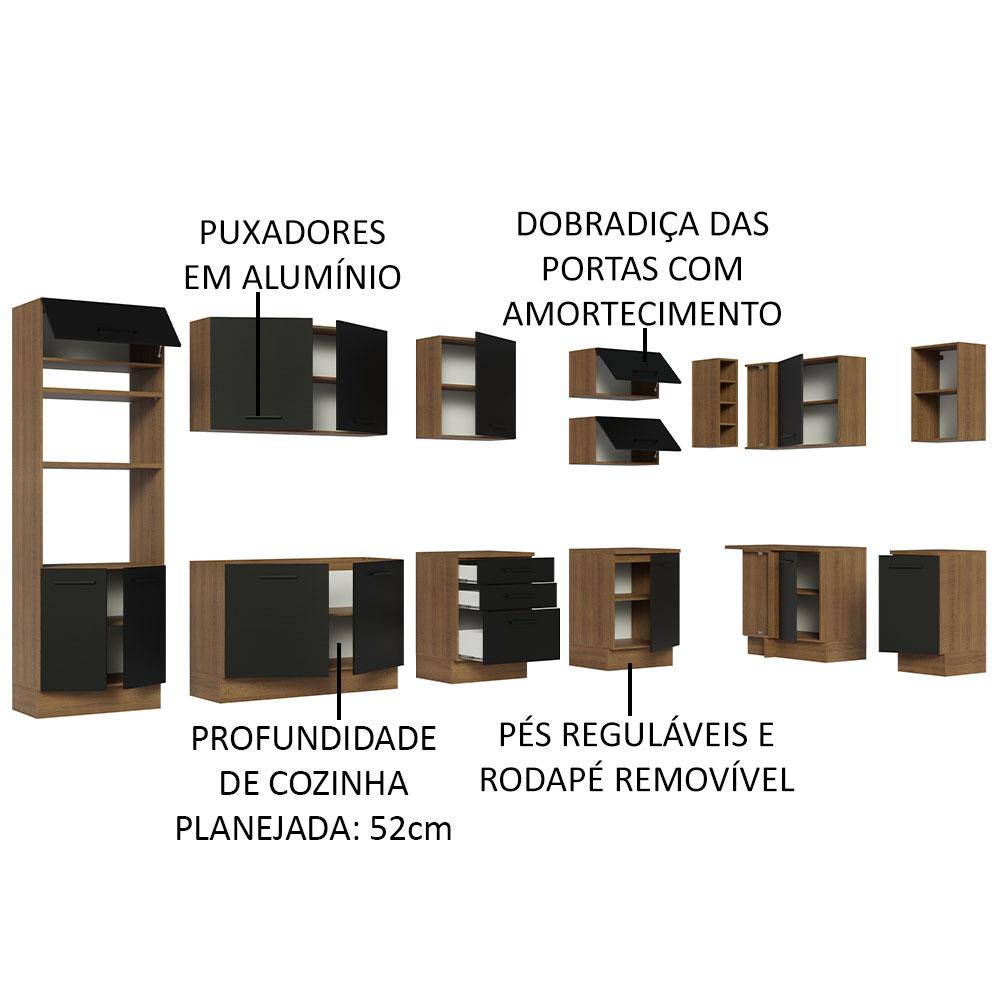Armário de Cozinha Completa de Canto 499cm Rustic/Preto Agata Madesa 01