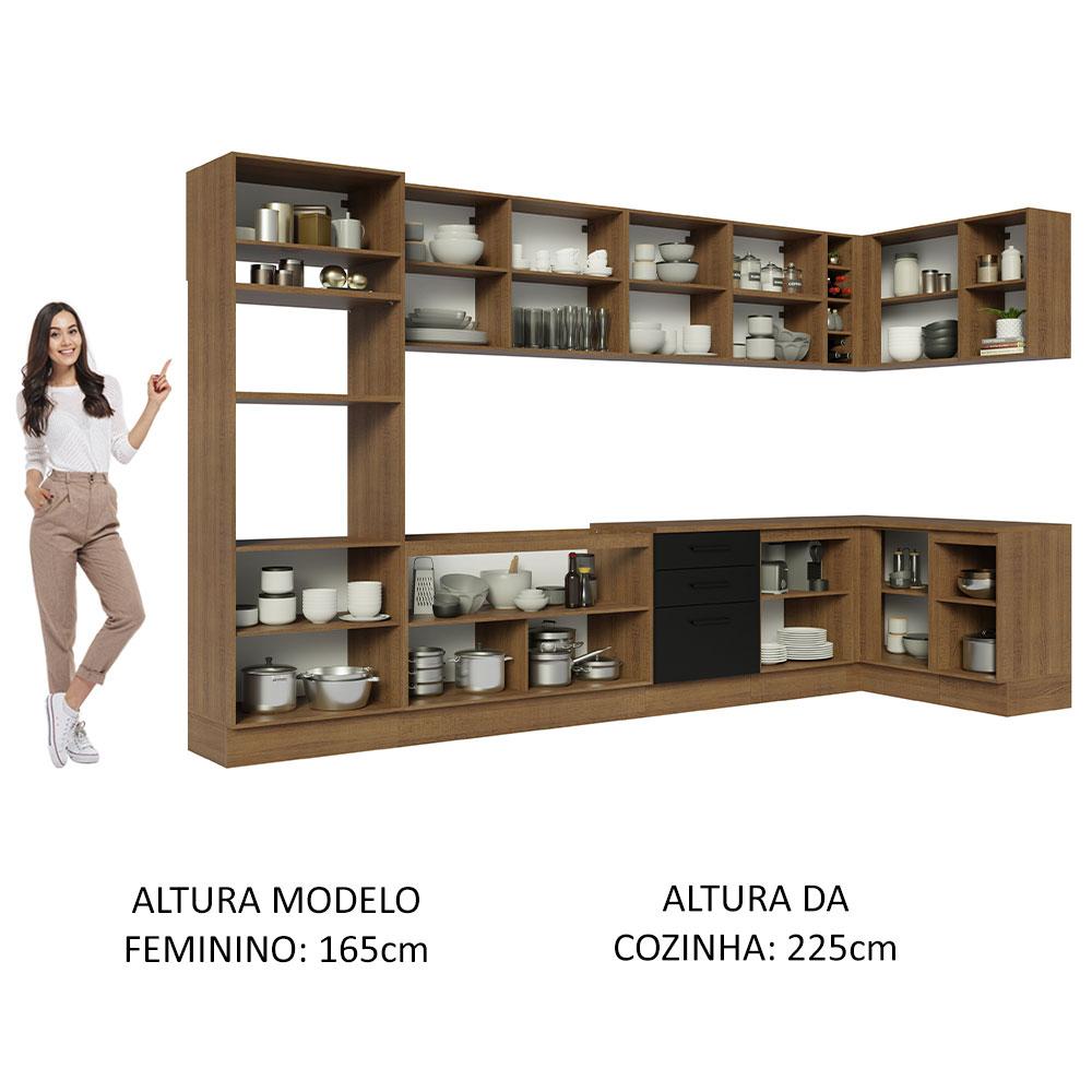 Armário de Cozinha Completa de Canto 499cm Rustic/Preto Agata Madesa 01