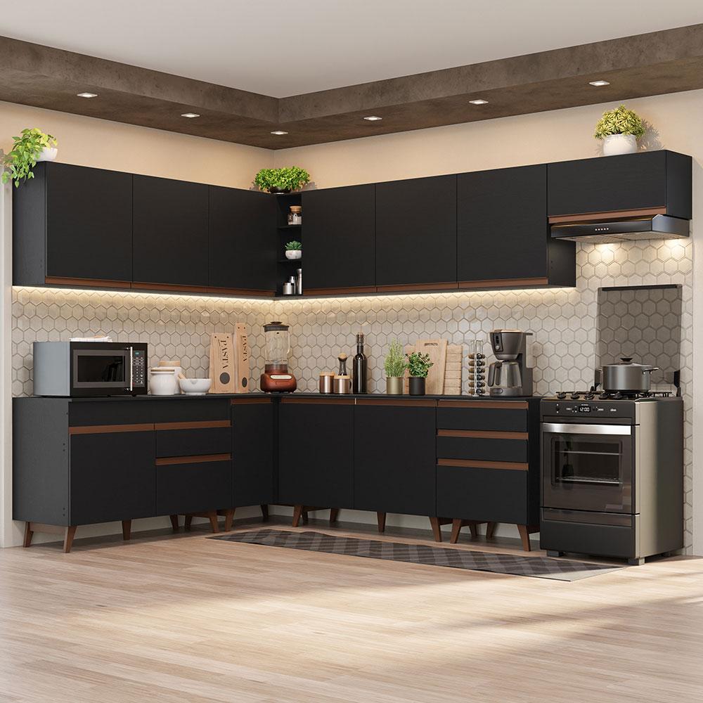 Armário de Cozinha Completa de Canto 512cm Preto Reims Madesa 01