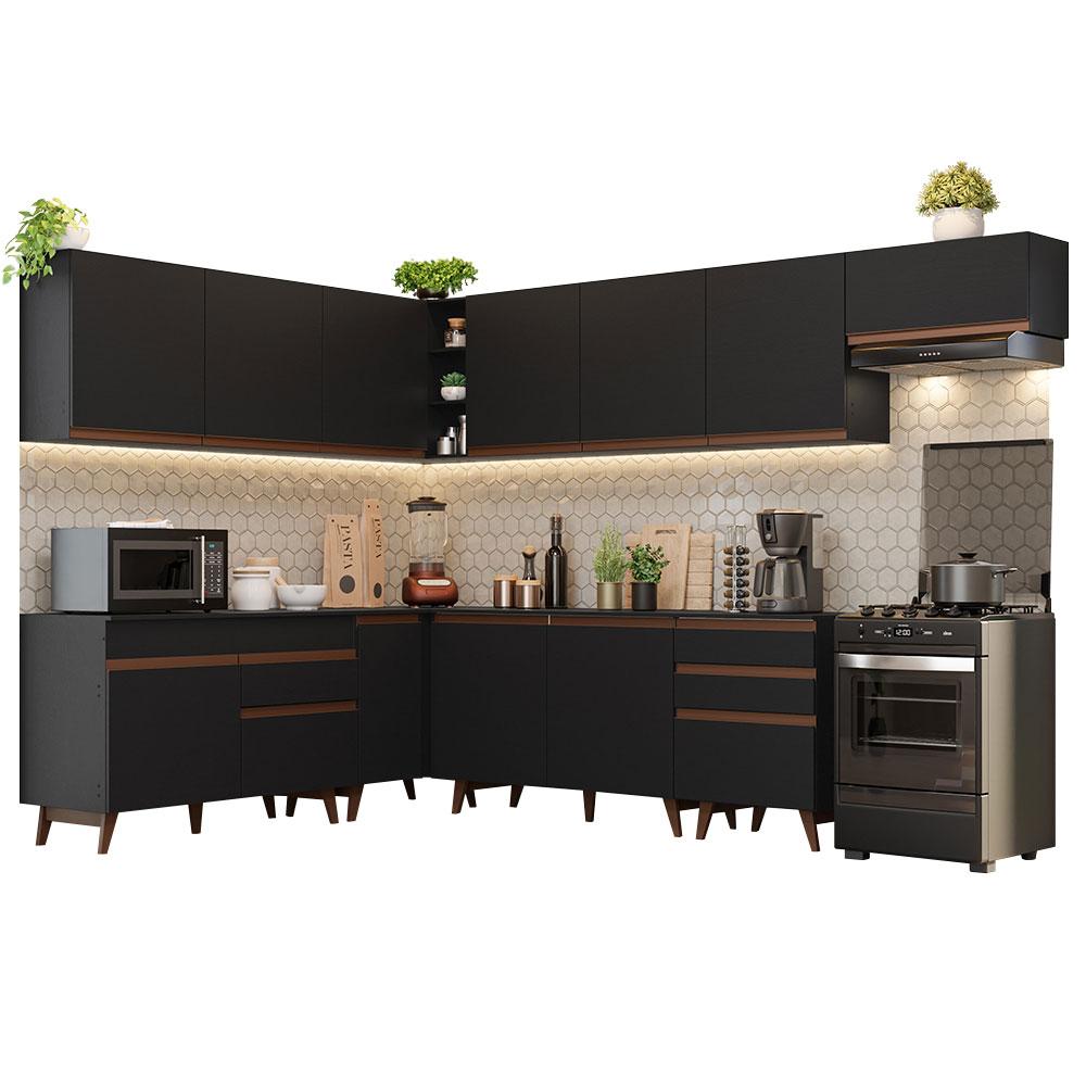 Armário de Cozinha Completa de Canto 512cm Preto Reims Madesa 01