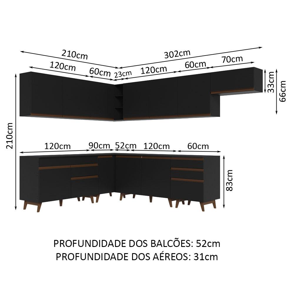 Armário de Cozinha Completa de Canto 512cm Preto Reims Madesa 01