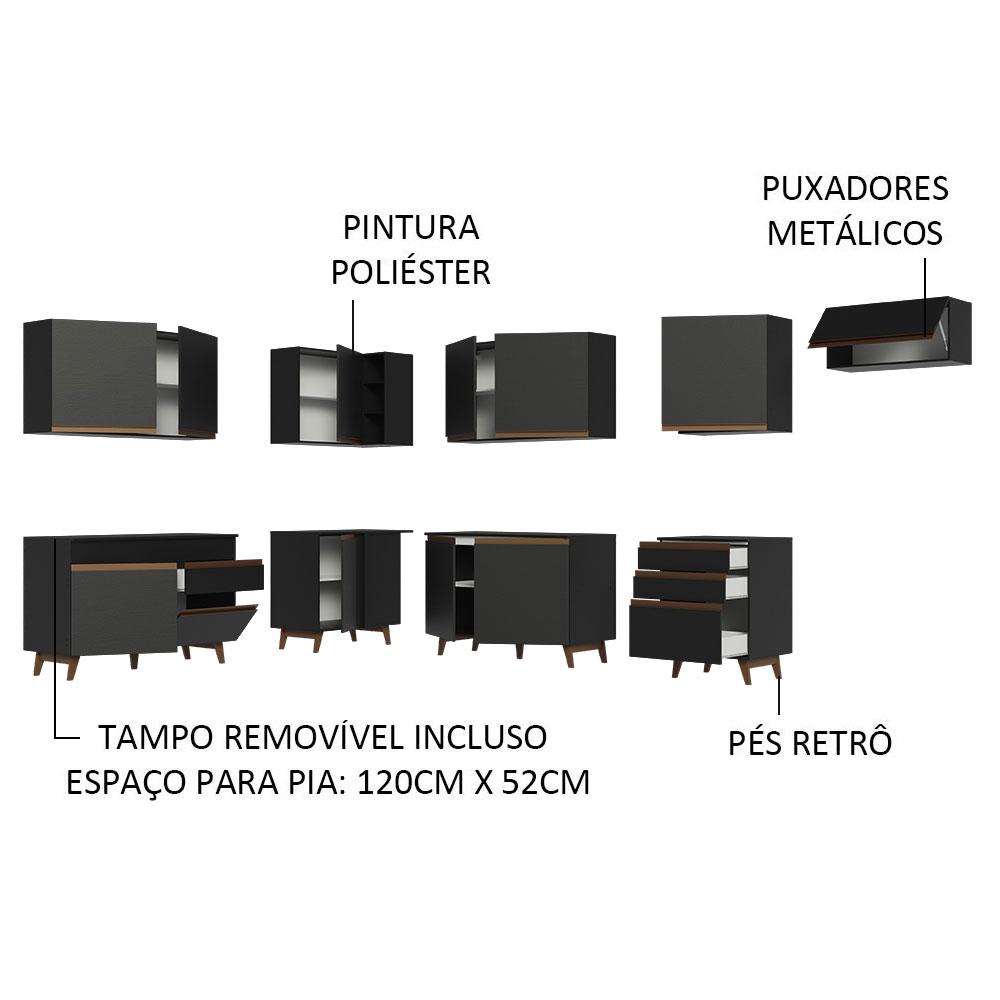 Armário de Cozinha Completa de Canto 512cm Preto Reims Madesa 01
