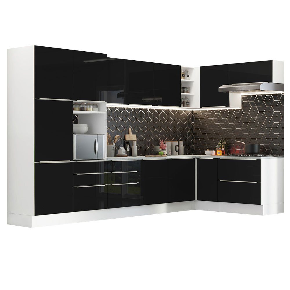 Armário de Cozinha Completa de Canto 546cm Branco/Preto Lux Madesa 05
