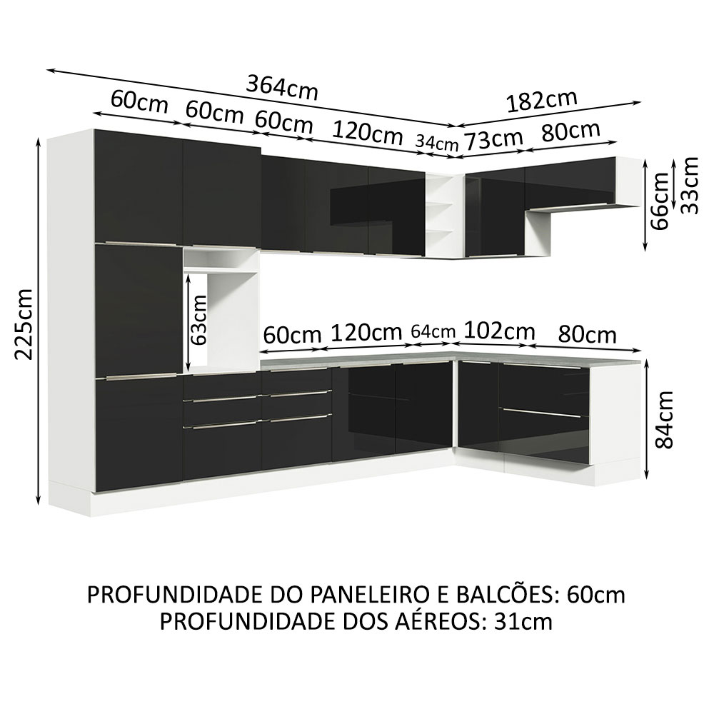 Armário de Cozinha Completa de Canto 546cm Branco/Preto Lux Madesa 05