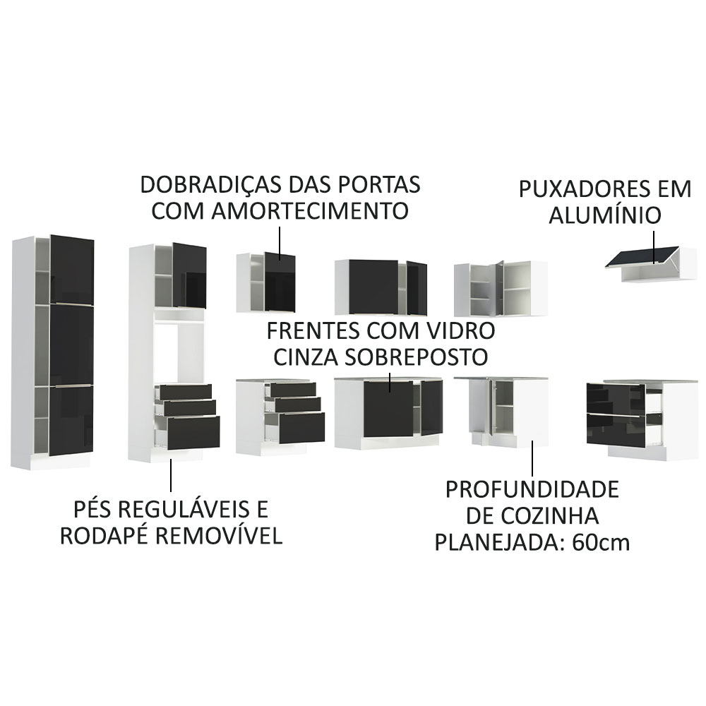 Armário de Cozinha Completa de Canto 546cm Branco/Preto Lux Madesa 05