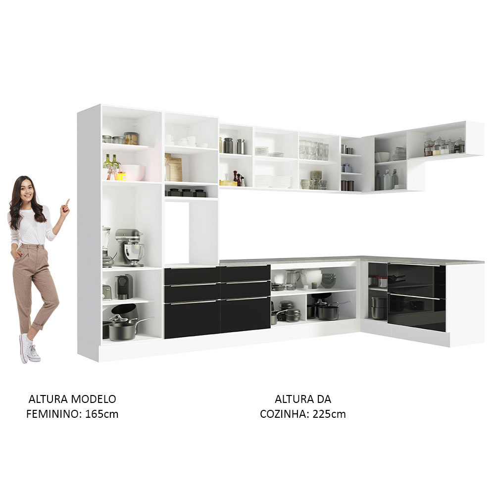 Armário de Cozinha Completa de Canto 546cm Branco/Preto Lux Madesa 05