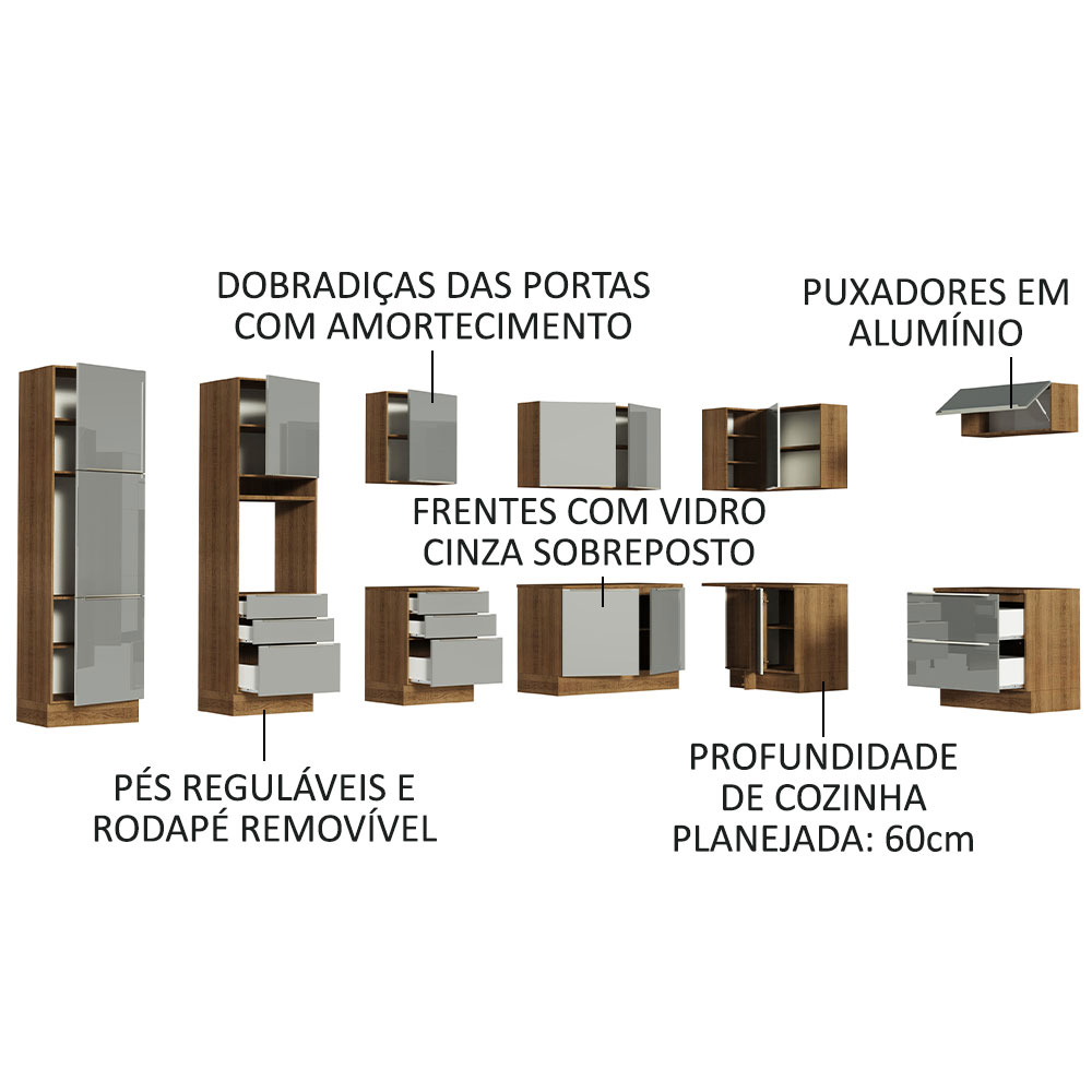 Armário de Cozinha Completa de Canto 546cm Rustic/Cinza Lux Madesa 05