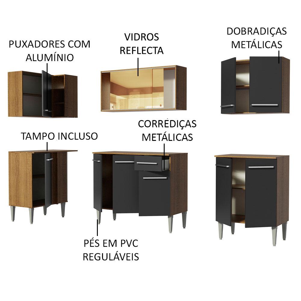 Armário de Cozinha Completa de Canto Madesa Emilly Play Balcão e Aéreo Vidro Reflex - Rustic/Preto