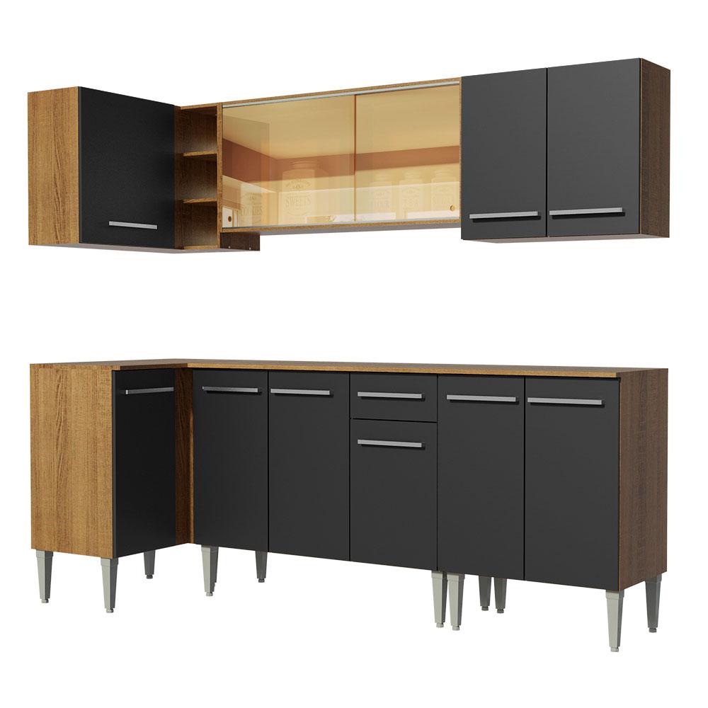Armário de Cozinha Completa de Canto Madesa Emilly Play Balcão e Aéreo Vidro Reflex - Rustic/Preto