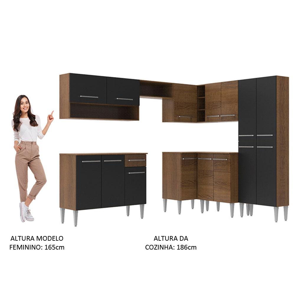 Armário de Cozinha Completa de Canto Madesa Emilly Rock com Balcão e Adega - Rustic/Preto