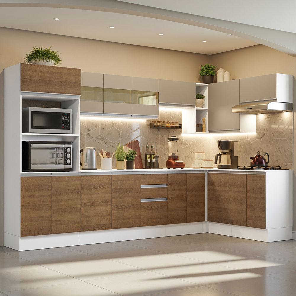 Armário de Cozinha Completa de Canto Madesa Smart 100% MDF Modulada - Branco/Rustic/Crema