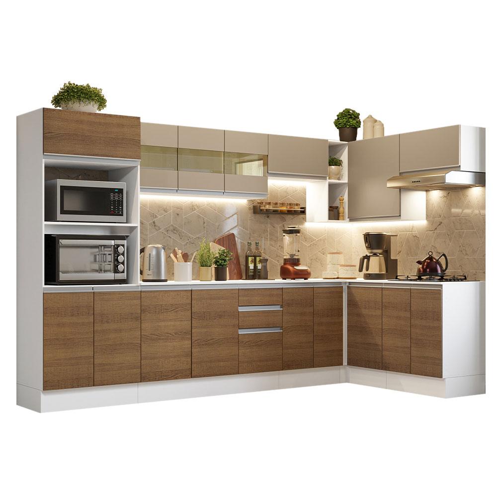 Armário de Cozinha Completa de Canto Madesa Smart 100% MDF Modulada - Branco/Rustic/Crema