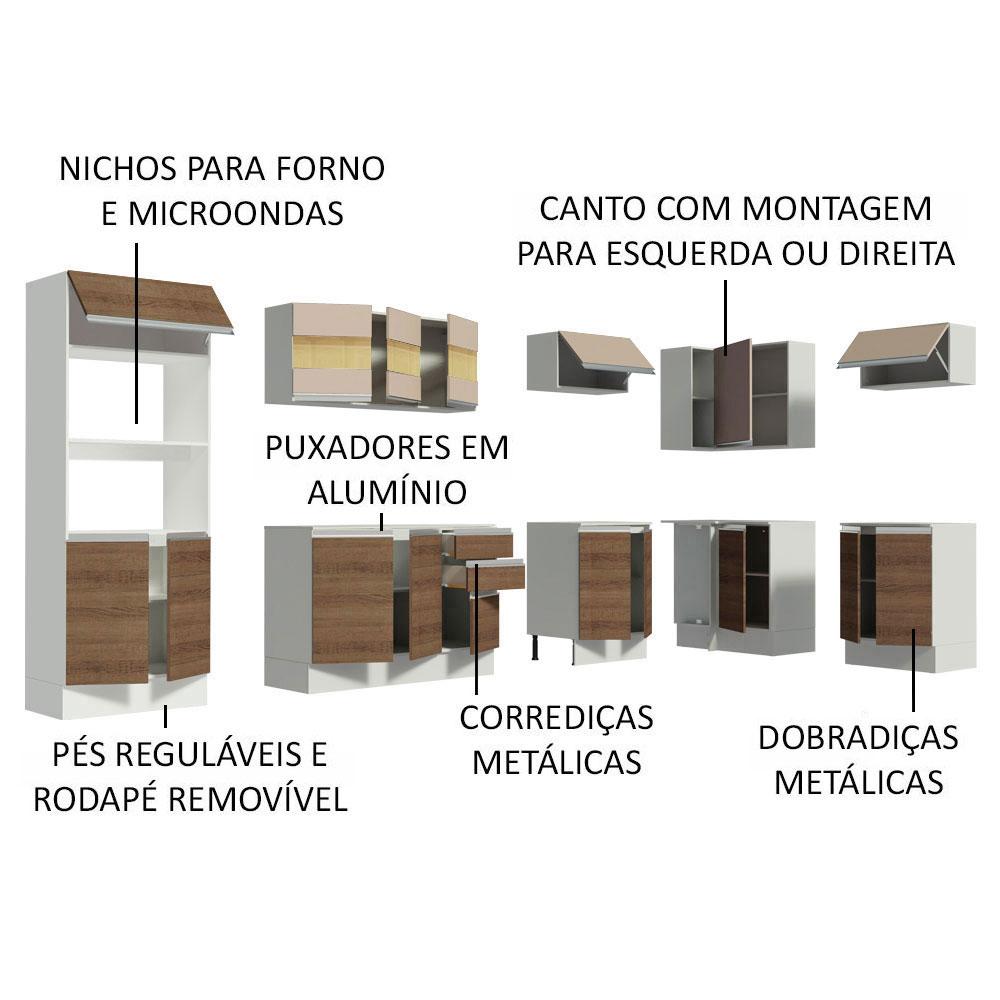 Armário de Cozinha Completa de Canto Madesa Smart 100% MDF Modulada - Branco/Rustic/Crema