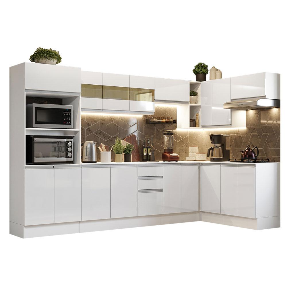 Armário de Cozinha Completa de Canto Madesa Smart 100% MDF Modulada - Frentes Branco Brilho