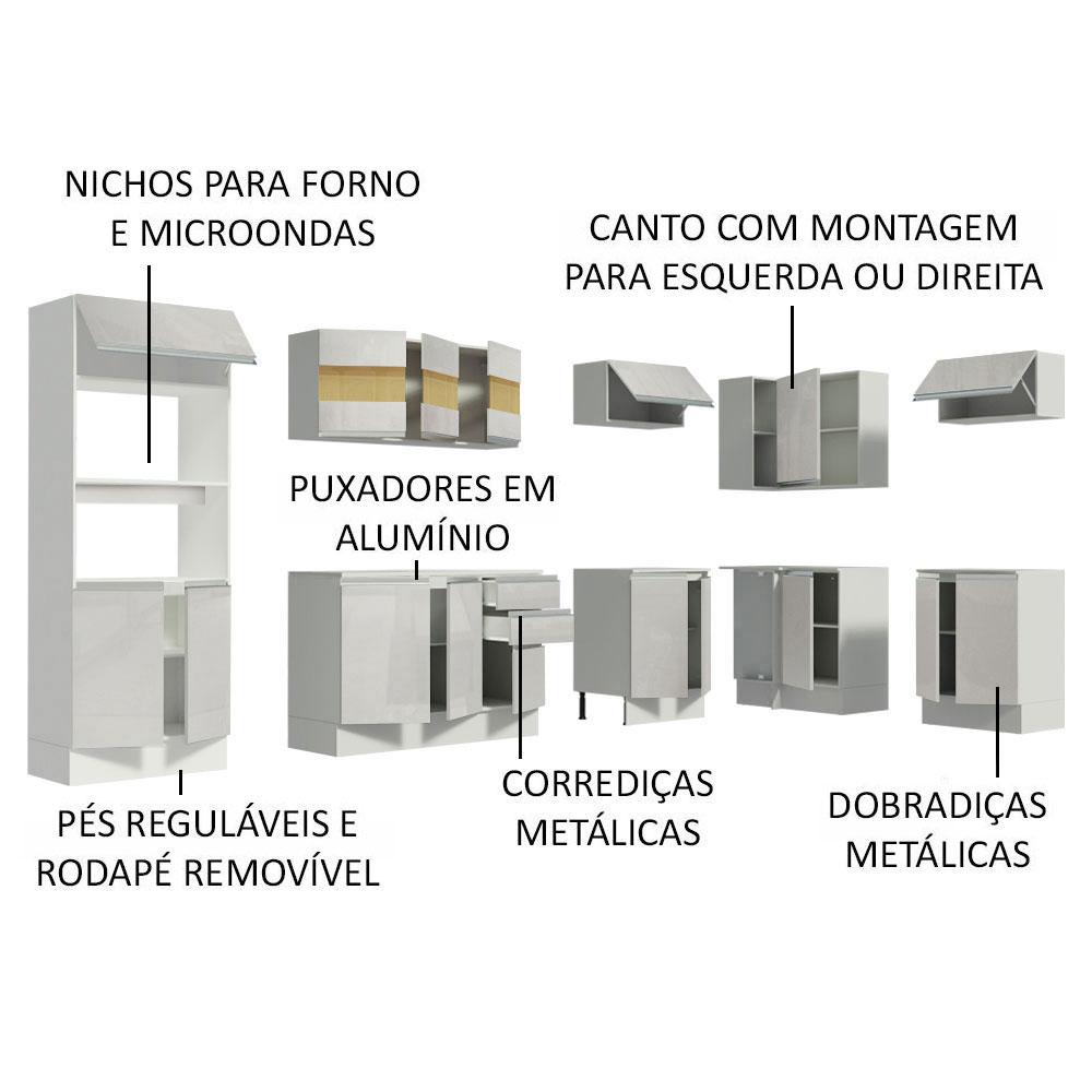 Armário de Cozinha Completa de Canto Madesa Smart 100% MDF Modulada - Frentes Branco Brilho