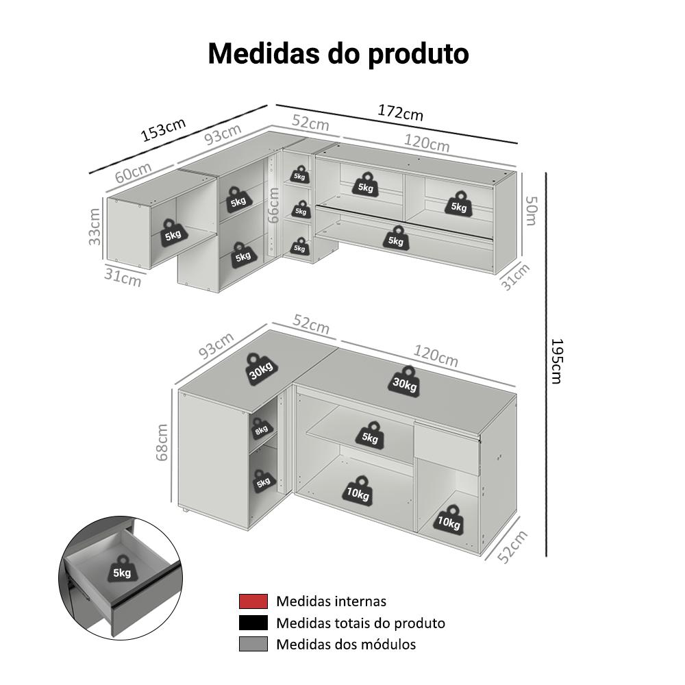 Armário de Cozinha Completa de Canto Suspenso 325cm Cinza Nice Madesa 02