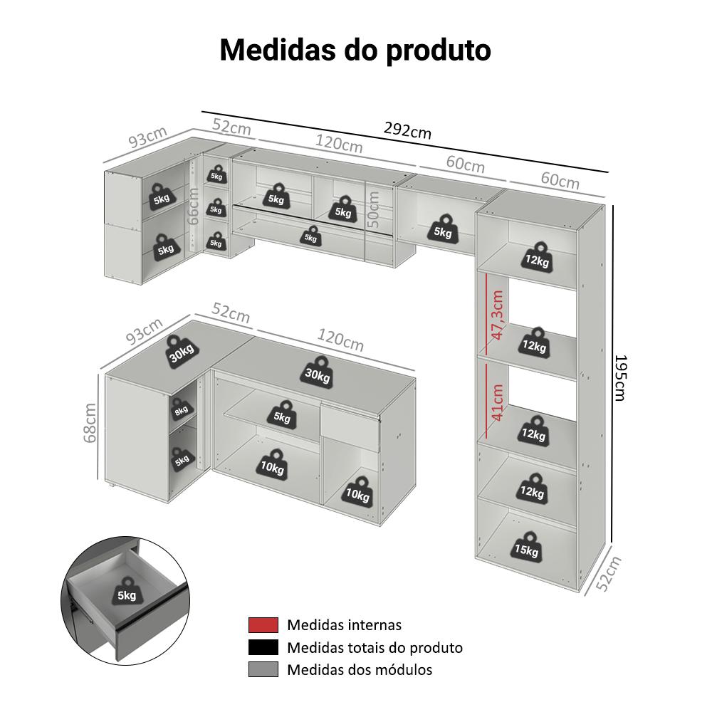 Armário de Cozinha Completa de Canto Suspenso 385cm Cinza Nice Madesa 02