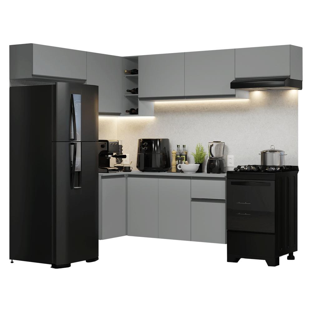 Armário de Cozinha Completa de Canto Suspenso 405cm Cinza Nice Madesa 01