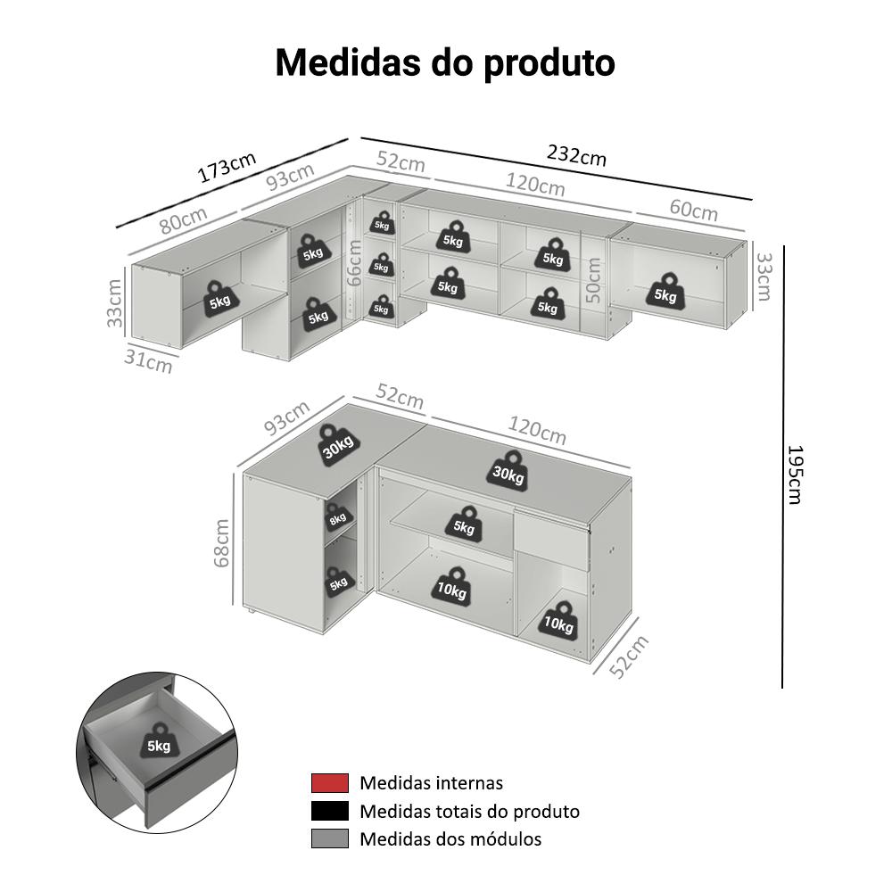 Armário de Cozinha Completa de Canto Suspenso 405cm Cinza Nice Madesa 01