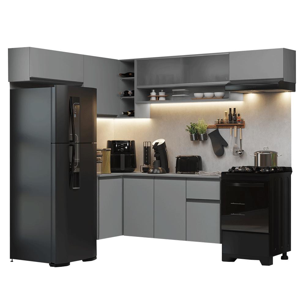 Armário de Cozinha Completa de Canto Suspenso 405cm Cinza Nice Madesa 03