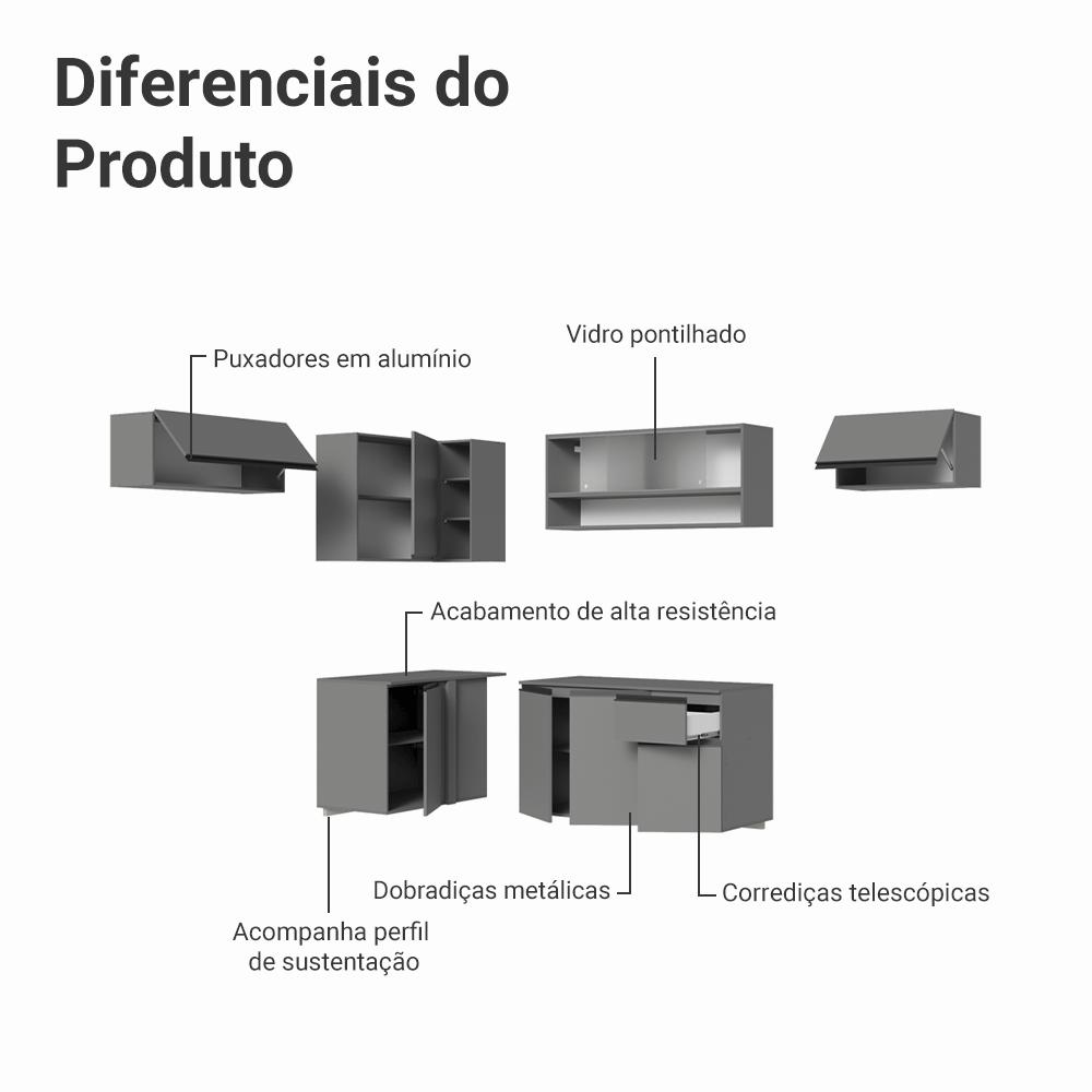 Armário de Cozinha Completa de Canto Suspenso 405cm Cinza Nice Madesa 03