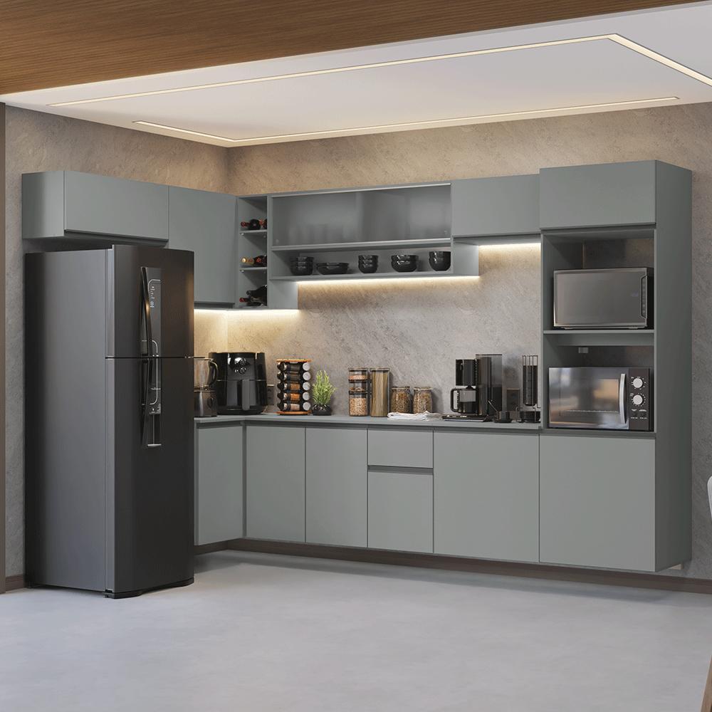 Armário de Cozinha Completa de Canto Suspenso 465cm Cinza Nice Madesa 02
