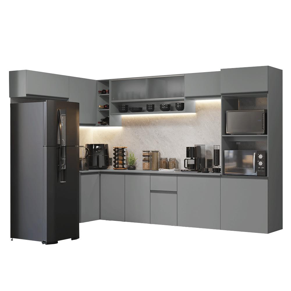 Armário de Cozinha Completa de Canto Suspenso 465cm Cinza Nice Madesa 02