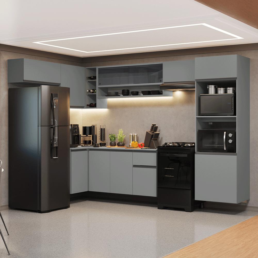 Armário de Cozinha Completa de Canto Suspenso 465cm Cinza Nice Madesa 07