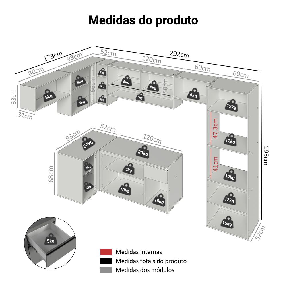 Armário de Cozinha Completa de Canto Suspenso 465cm Cinza Nice Madesa 07