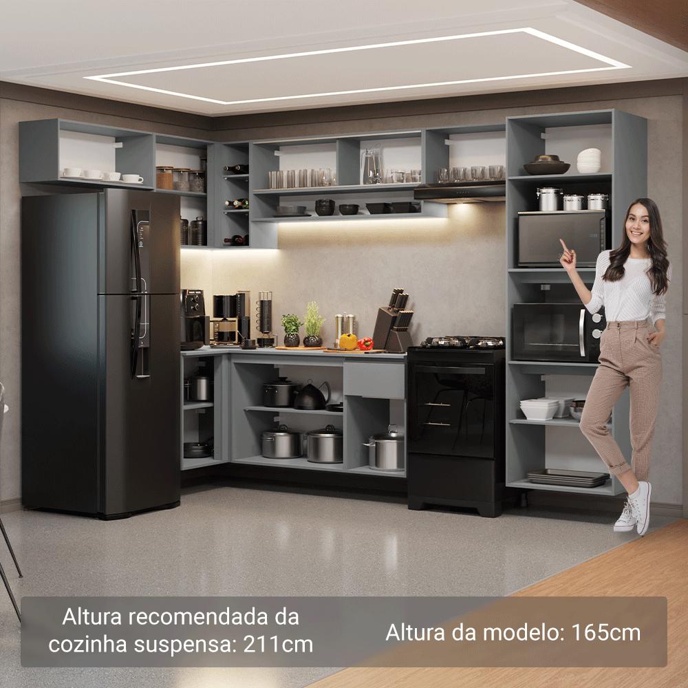 Armário de Cozinha Completa de Canto Suspenso 465cm Cinza Nice Madesa 07