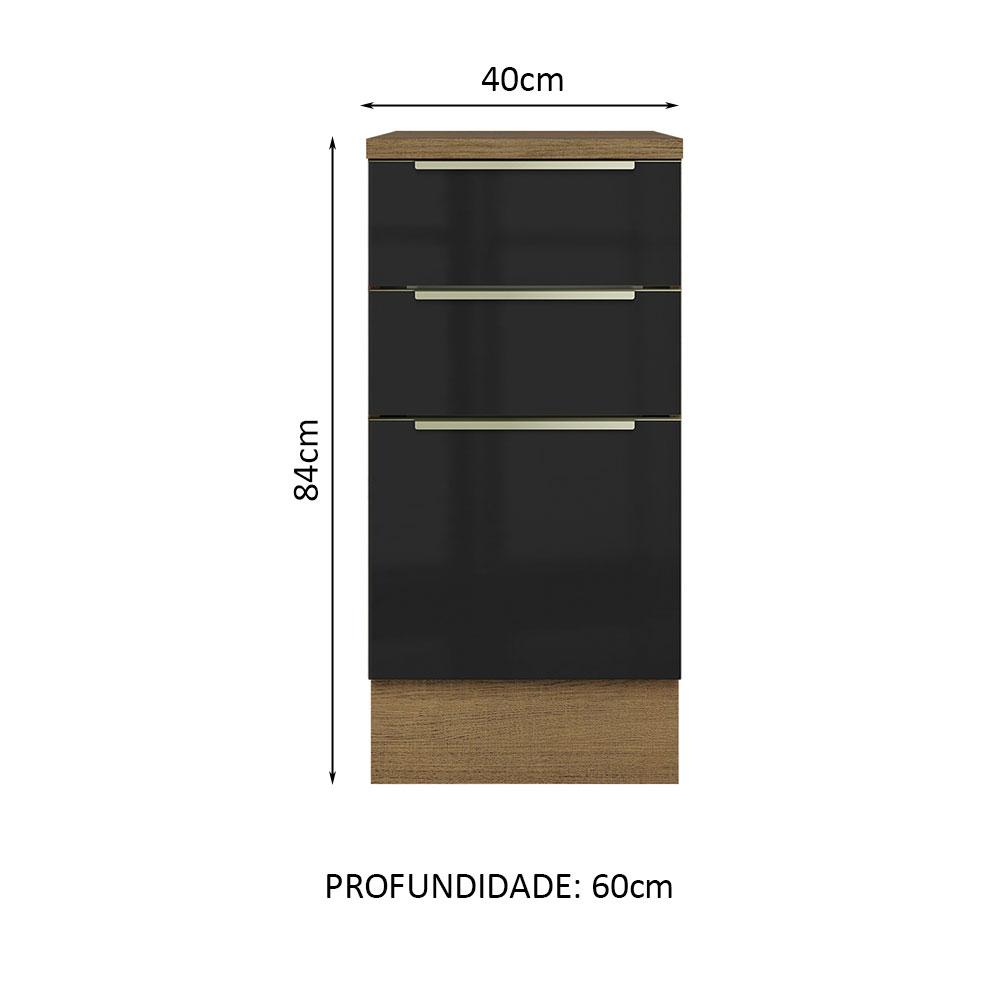Balcão 40 cm 3 Gavetas Rustic/Preto Lux Madesa