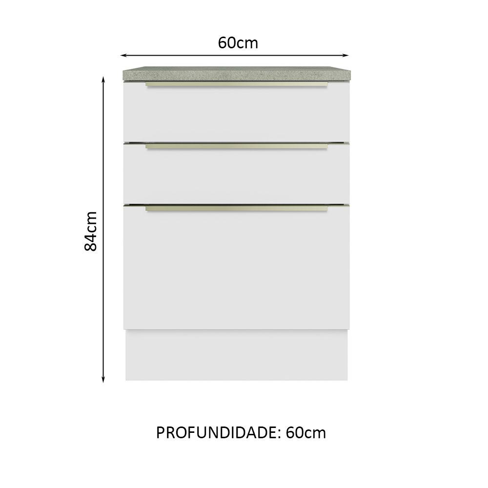 Balcão 60 cm 3 Gavetas Branco/Branco Veludo Lux Madesa