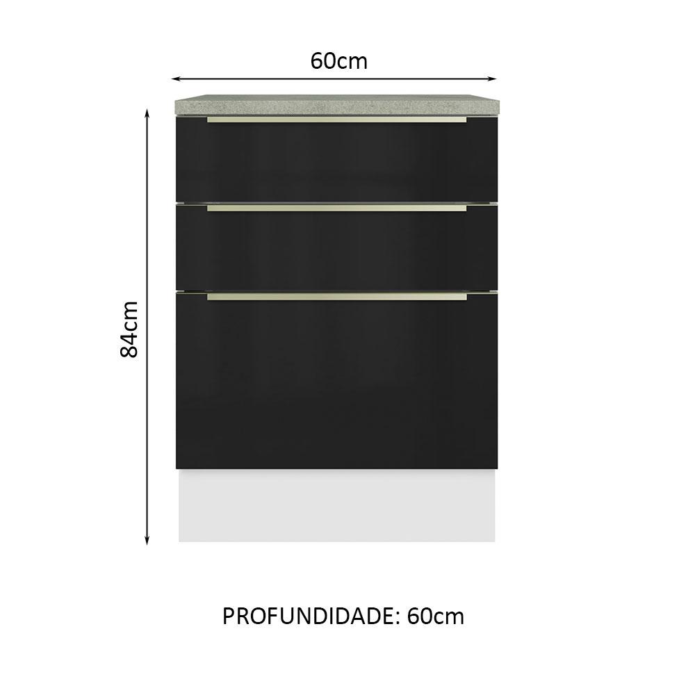 Balcão 60 cm 3 Gavetas Branco/Preto Lux Madesa