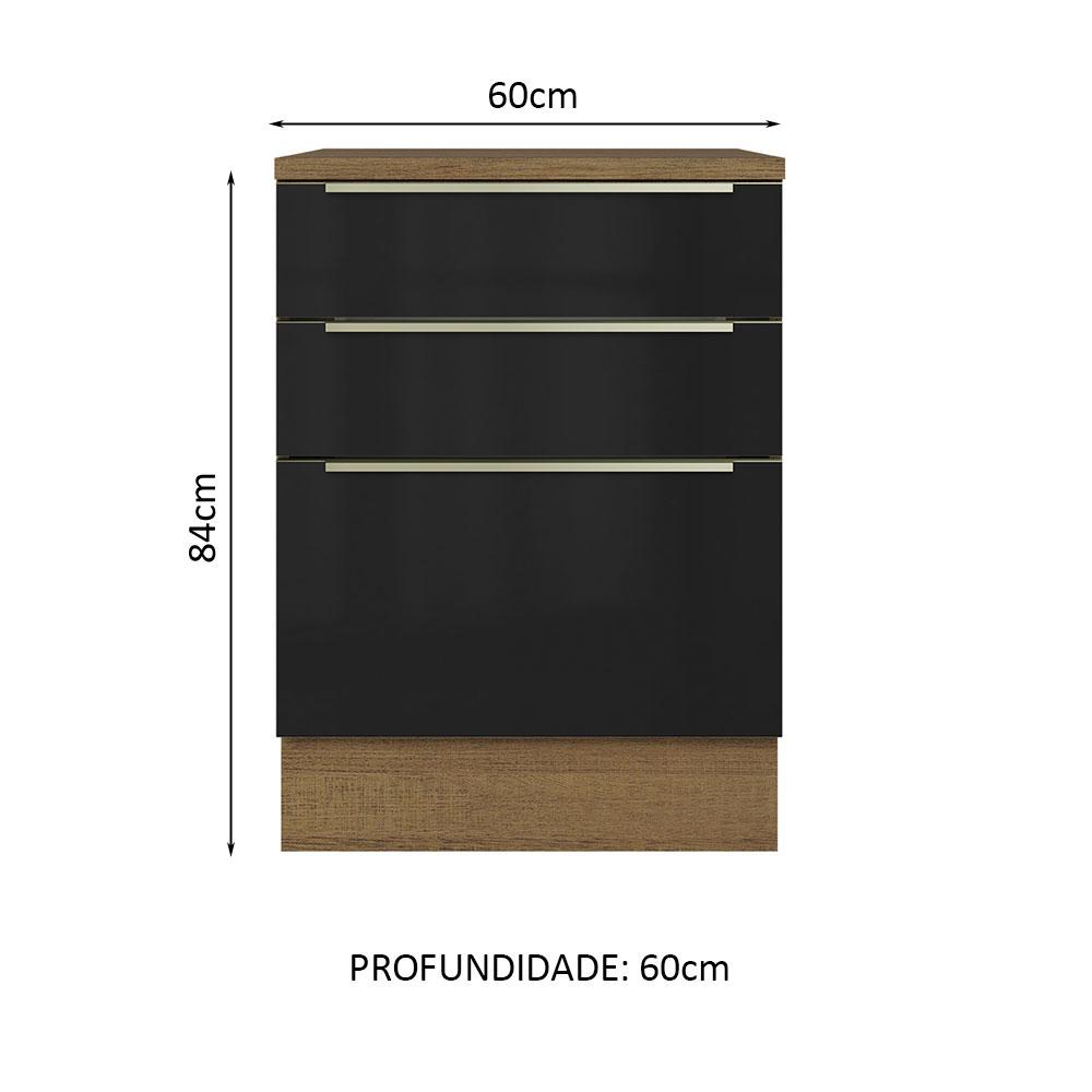 Balcão 60 cm 3 Gavetas Rustic/Preto Lux Madesa